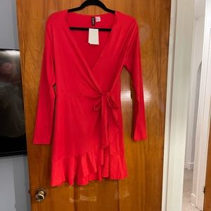 H&M Divded Long Sleeve Wrap Mini Dress in Red